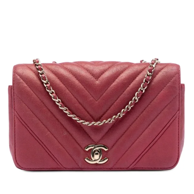 Red Chanel Small Chevron Caviar Statement Flap Shoulder Bag in Red Caviar leather from Designer Revival