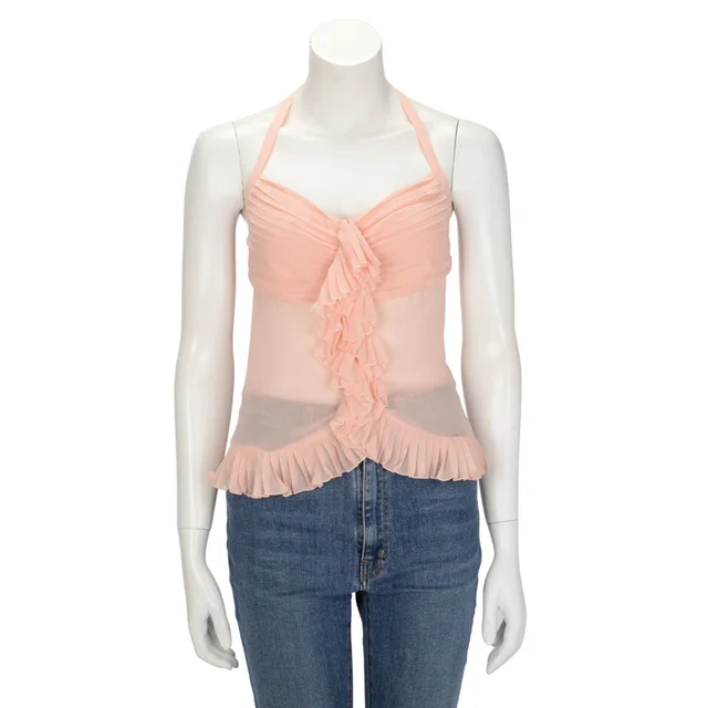 Chanel Ruffle Halter Top FR 38 in Pink Silk from Blue Spinach