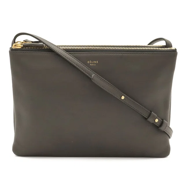 Celine Trio Large Shoulder Bag Pochette Crossbody Pouch Leather Charcoal Gray in Grey Leather from The Reluxe