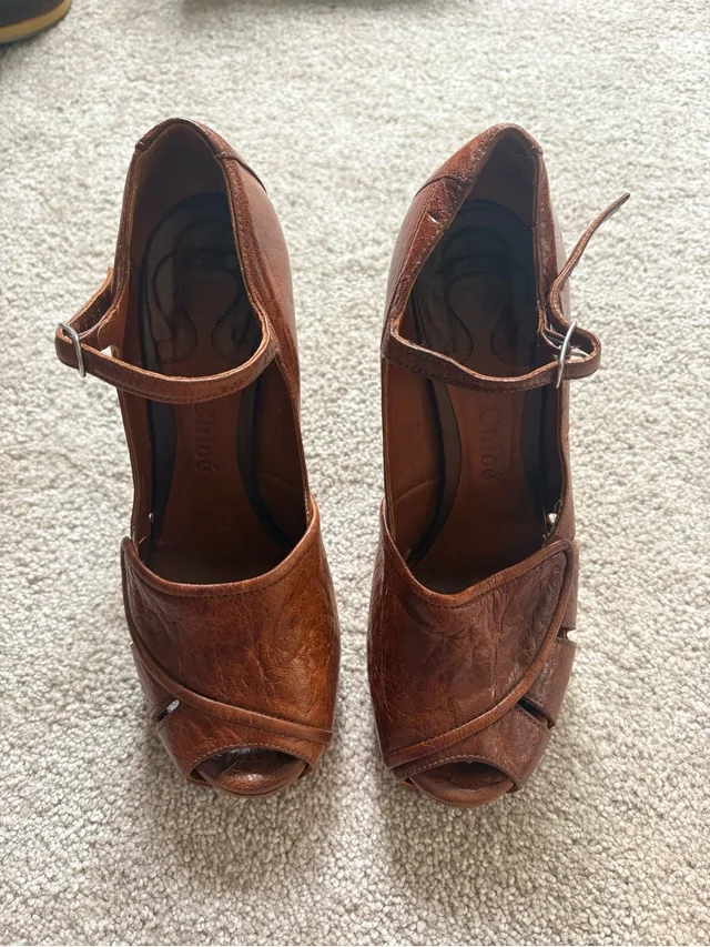 Chloé Brown Leather Peep-Toe Mary Jane Heels in red|brown Leather from Poshmark