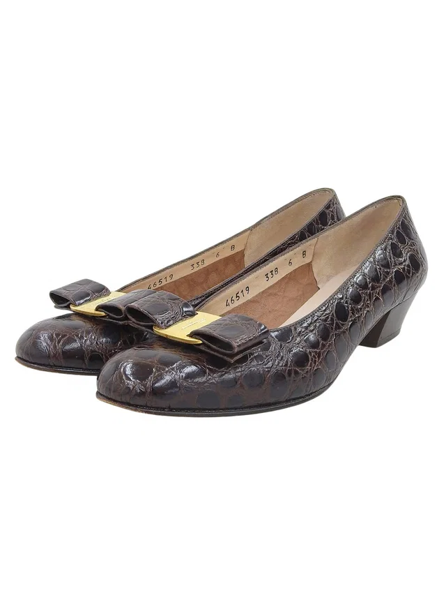 Ferragamo Croco Embossed Vara Bow Pumps #6 Brown in Brown Leather from VINTAGE QOO TOKYO