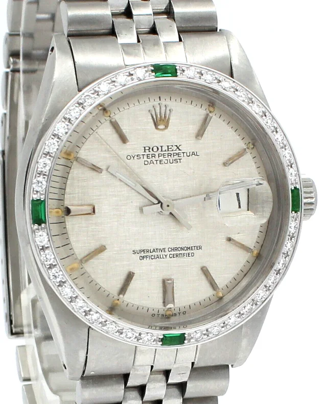 Men Vintage ROLEX Oyster Perpetual Datejust 36mm Silver Linen Dial Diamond Watch | Rolex | Buy… in Silver from Truefacet