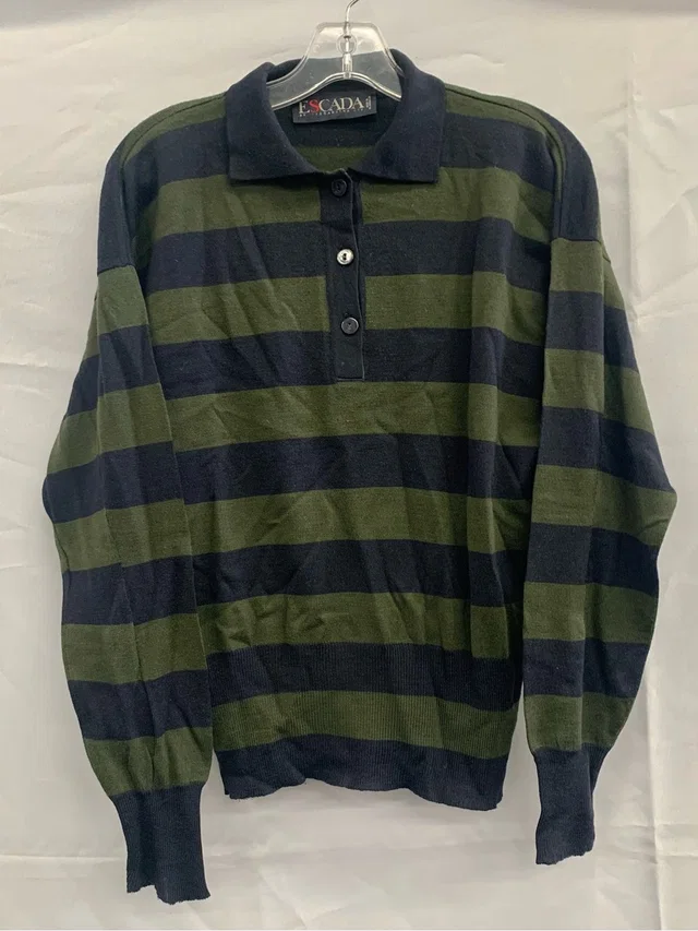 Escada Men’s Navy And Olive Green Striped Polo Sweater in green|blue from Poshmark