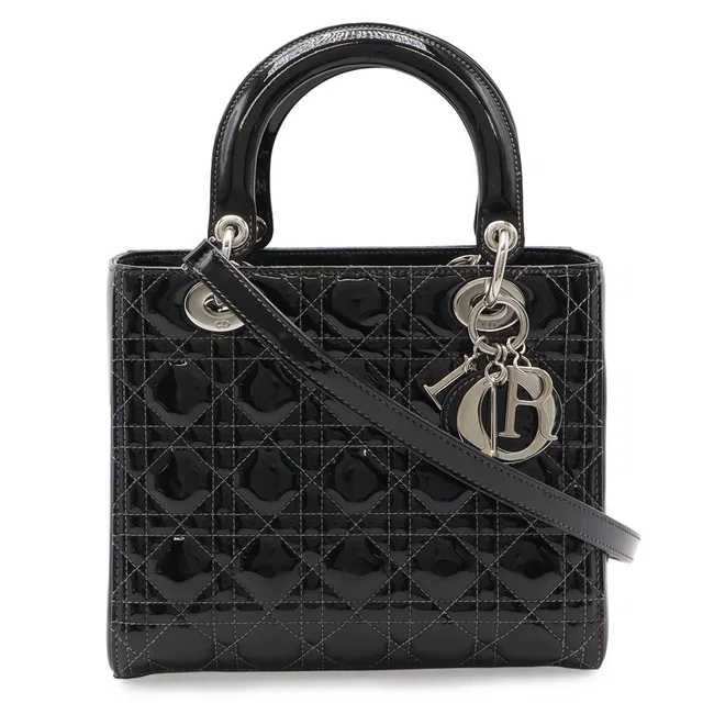 Dior Cannage Tote 2-Way Shoulder Bag Patent Leather Black Pink Gray in Black Patent leather from The Reluxe