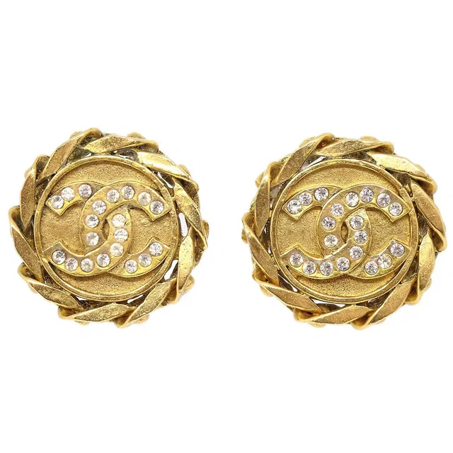 Chanel Button Rhinestone Earrings Clip-On Gold 23 in Gold from AMORE Vintage Tokyo