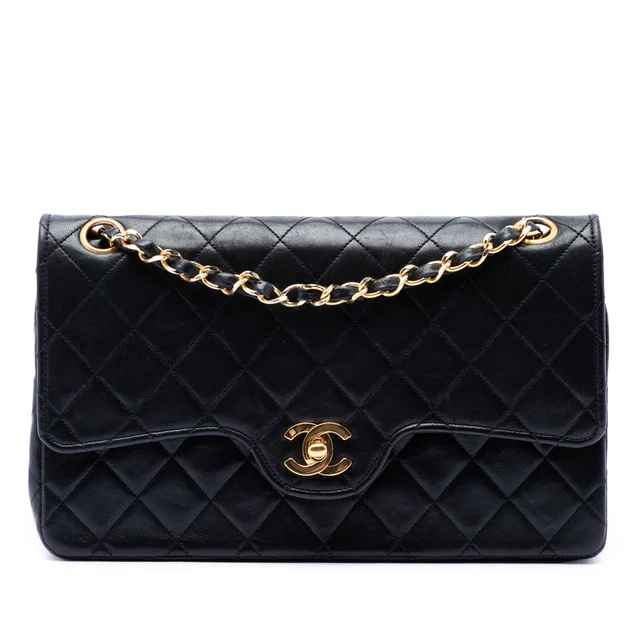 Black Chanel Medium CC Quilted Lambskin Double Flap Shoulder Bag in Black Lambskin from Designer Revival
