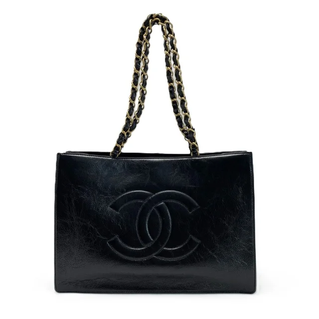 Chanel CC Logo Chain Shoulder Shiny Aged Calfskin Black With Card Tote Bag in Black Calfskin from The Reluxe