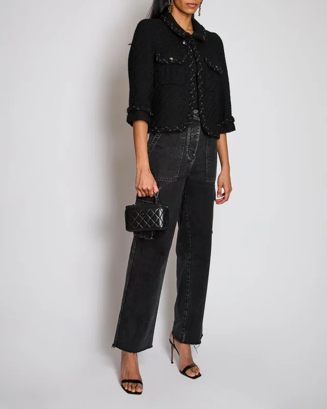 Chanel Fall 2007 Black Jacket with Chain and CC Logo Button Detail Size FR 42 (UK 14) in Black Silk from Sellier
