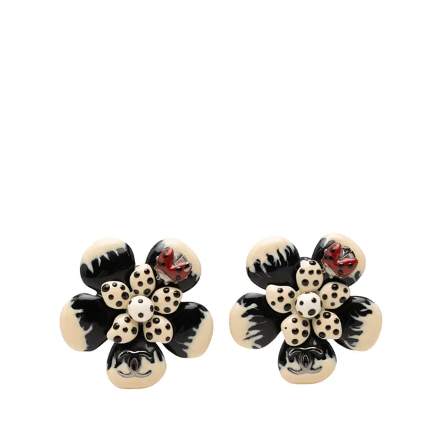 Silver Chanel CC Brass Enamel Flower and Ladybug Clip On Earrings in Silver from Designer Revival