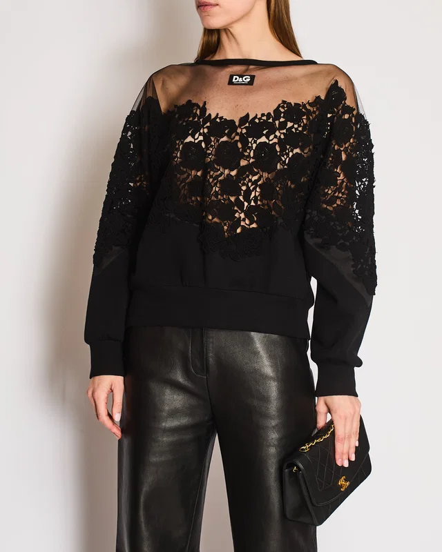Dolce & Gabbana Black Mesh and Lace Appliqué Oversized Sweatshirt with Logo Patch Detail Size IT 38 (UK 6) in Black Nylon from Sellier