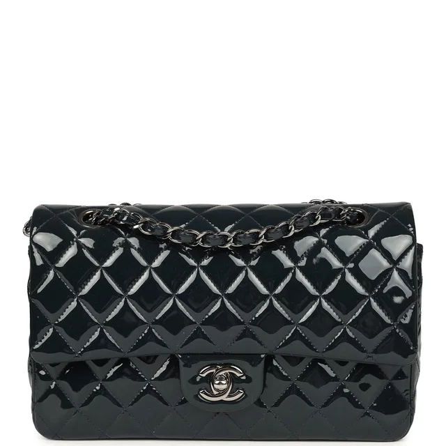 Chanel Medium Classic Double Flap Bag Navy Blue Patent Ruthenium Hardware in Navy Patent leather from Madison Avenue Couture
