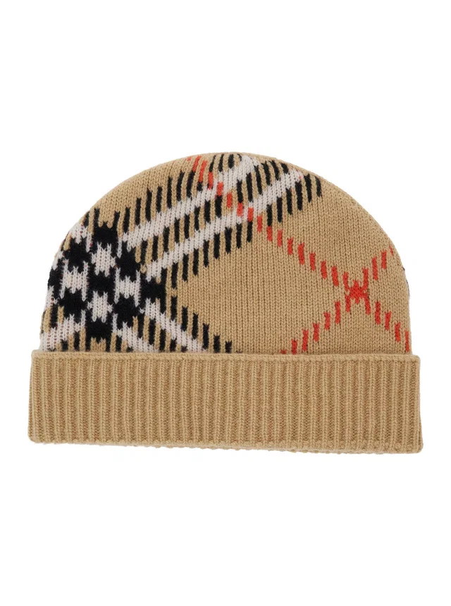 Burberry 8114768 Wool Check-Pattern Beanie — Beige Beanies in Beige Wool from HEWI