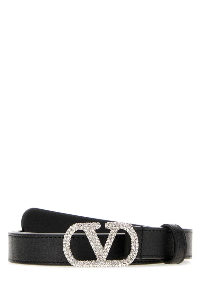Valentino Garavani Crystal Vlogo Buckle Belt — Black in Black Leather from HEWI