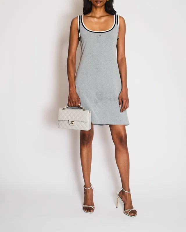 Chanel 08/P Grey Strap Midi Dress with CC Logo and Stripe Detail Size FR 40 (UK 12) in Grey from Sellier