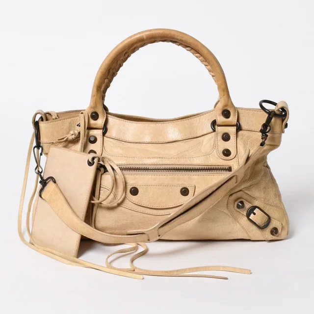 Balenciaga the First 2-Way Bag Leather Beige Black in Black Leather from The Reluxe