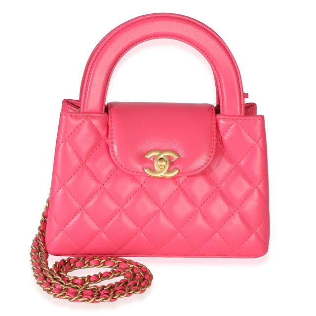 Chanel Dark Pink Shiny Aged Calfskin Quilted Nano Kelly Shopper Leather Handbag in Pink Calfskin from HEWI