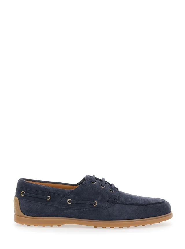 Tod's Blue Boat Loafers with Logo Lettering on Back in Suede Man in Blue 100% Calf, photo 2 of 7 from Gaudenzi Boutique