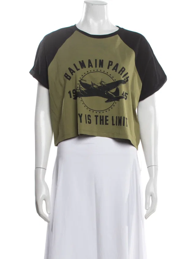 Balmain Graphic Print Crew Neck Crop Top in green from The RealReal