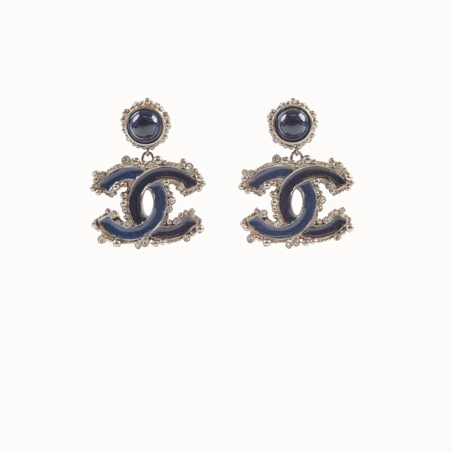 Chanel Enamel CC Strass Drop Stud Earrings in Navy from The Purse Affair