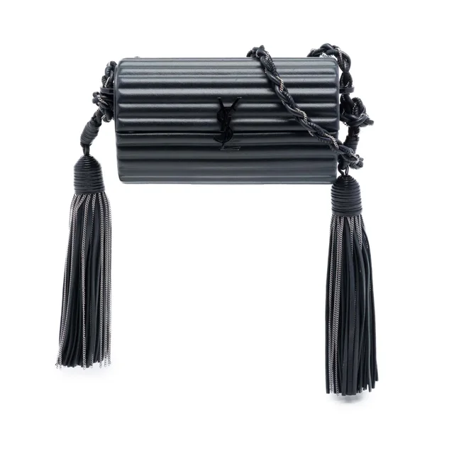 Black Saint Laurent Ribbed Acrylic Lambskin Fringe Monogram Monochrome Opium Box Bag in Black Lambskin from Designer Revival