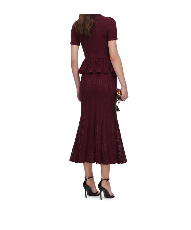 Self-Portrait burgundy pointelle peplum knit midi dress, photo 3 of 4 from SENSER