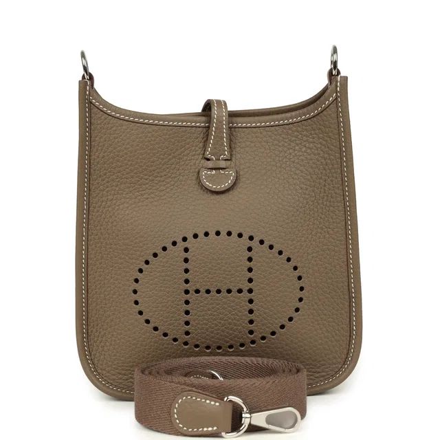 Hermès Evelyne TPM Etoupe Clemence Palladium Hardware in Taupe Clemence leather from Madison Avenue Couture