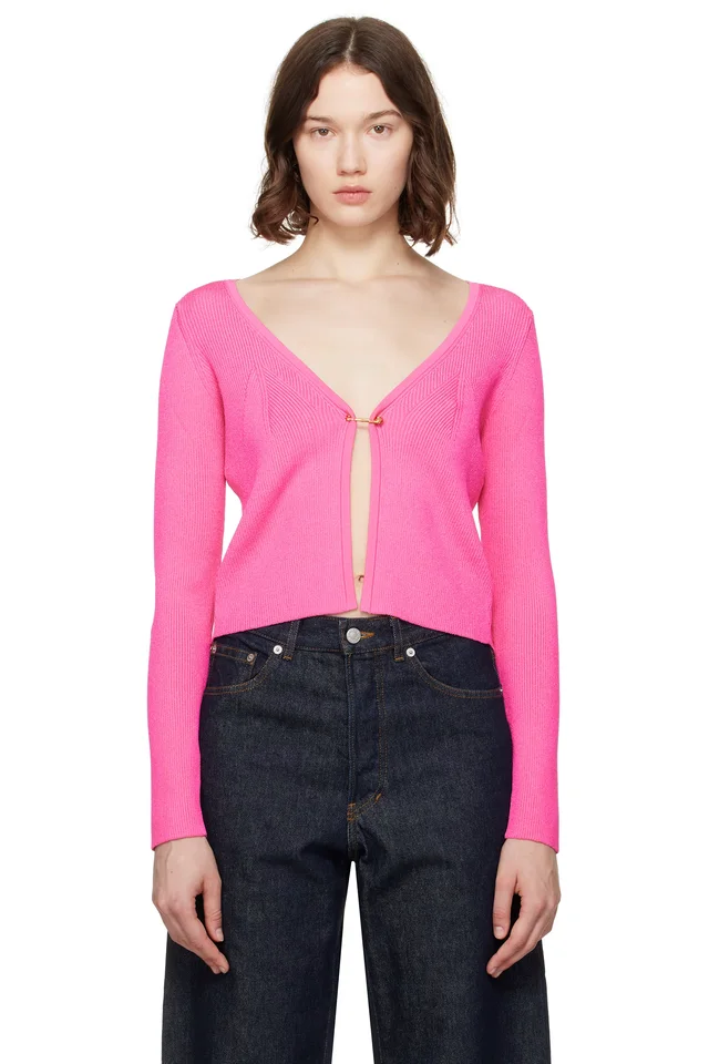 Pink Safety Pin Ribbed Knit Fitted Cardigan, image 1 of 1 from SSENSE