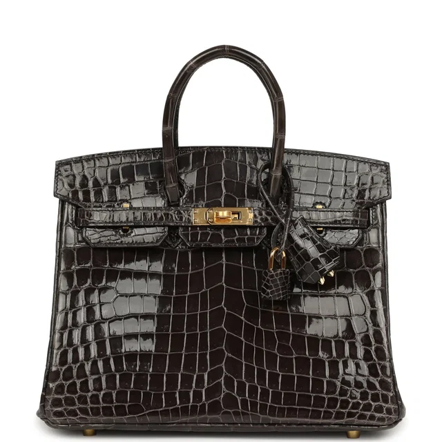 Hermès Birkin 25 Graphite Shiny Niloticus Crocodile Gold Hardware in Grey Crocodile from Madison Avenue Couture
