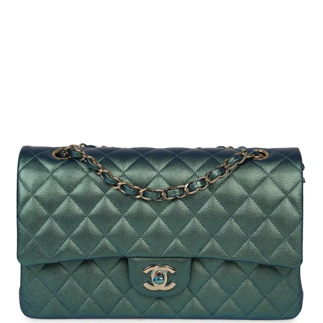 Chanel Medium Classic Double Flap Bag Green Iridescent Caviar Light Gold Hardware in Green Caviar leather from Madison Avenue Couture