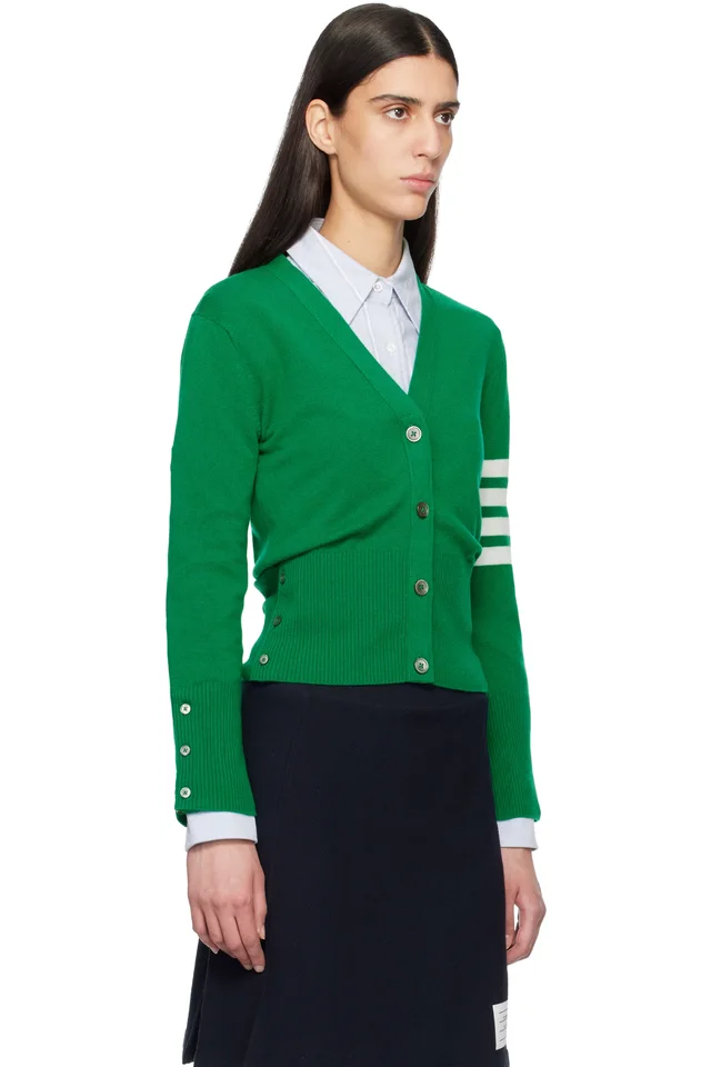 Thom Browne Green Classic Cashmere 4-Bar V-Neck Cardigan, photo 2 of 4 from SSENSE