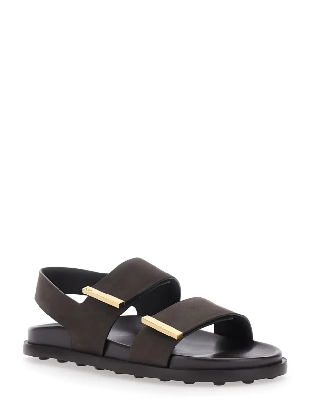 TOD'S Brown Sandals with Banded Design and Metallic Details Logo in Leather Woman in Brown 100% Calf, photo 3 of 8 from Gaudenzi Boutique