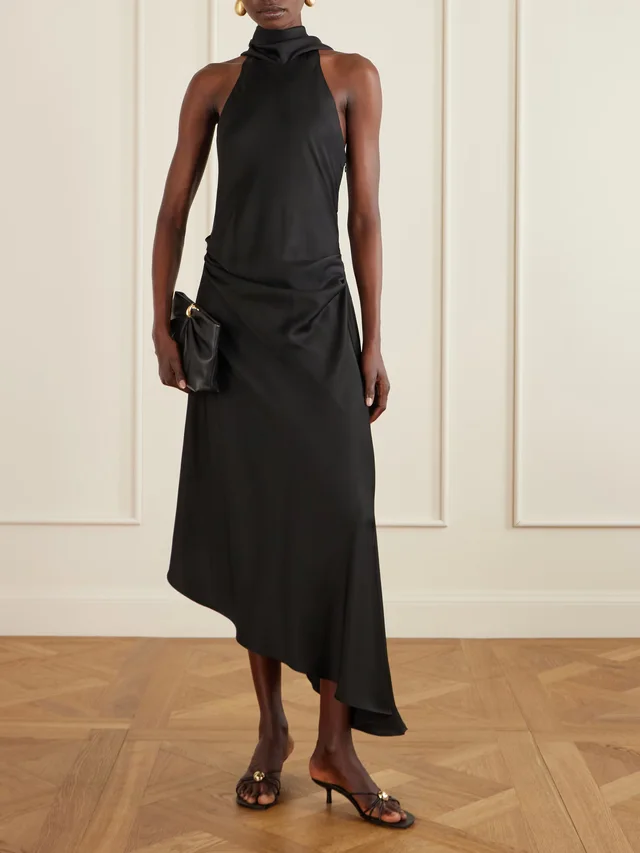 SIMKHAI Monica asymmetric tie-detailed satin halterneck midi dress in Black, photo 2 of 2 from NET-A-PORTER (Canada)