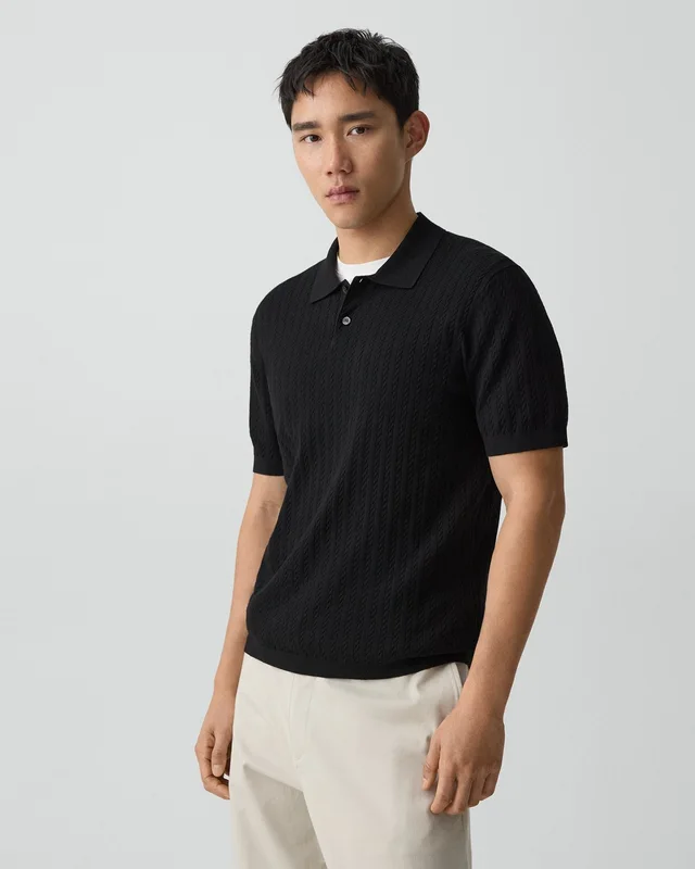 Theory Soris Cable-Knit Polo Shirt in Light Bilen in BLACK 62% Viscose, 38% Polyester; Exclusive Of Elastic, photo 2 of 14 from Theory