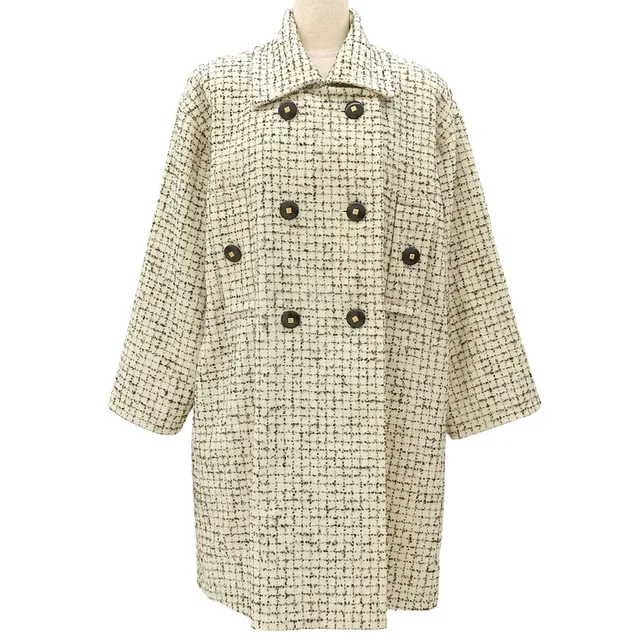 Givenchy Wool Logo Button Check Double Breasted Coat #8 Ivory/Black in Black Wool from VINTAGE QOO TOKYO