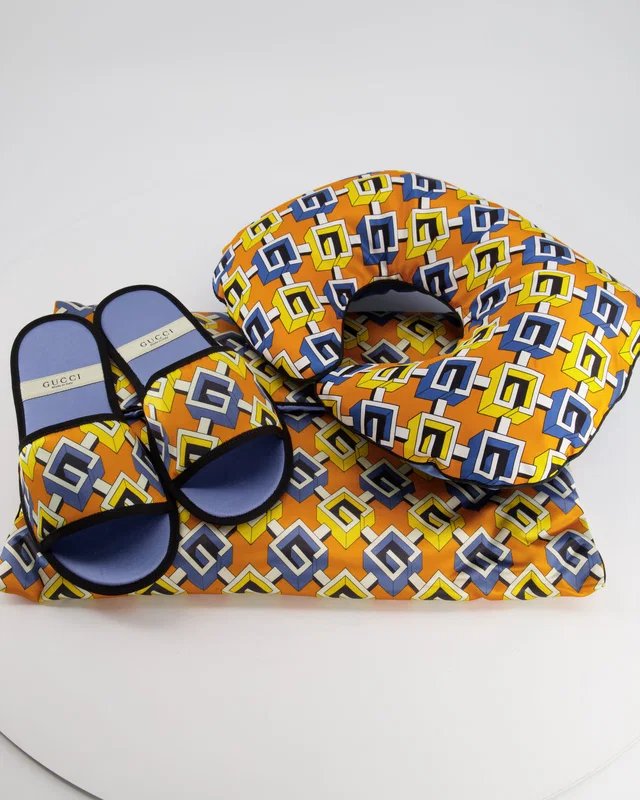 Gucci Blue and Orange Travel Silk Set Neck Pillow and Slippers size M in Blue Silk from Sellier