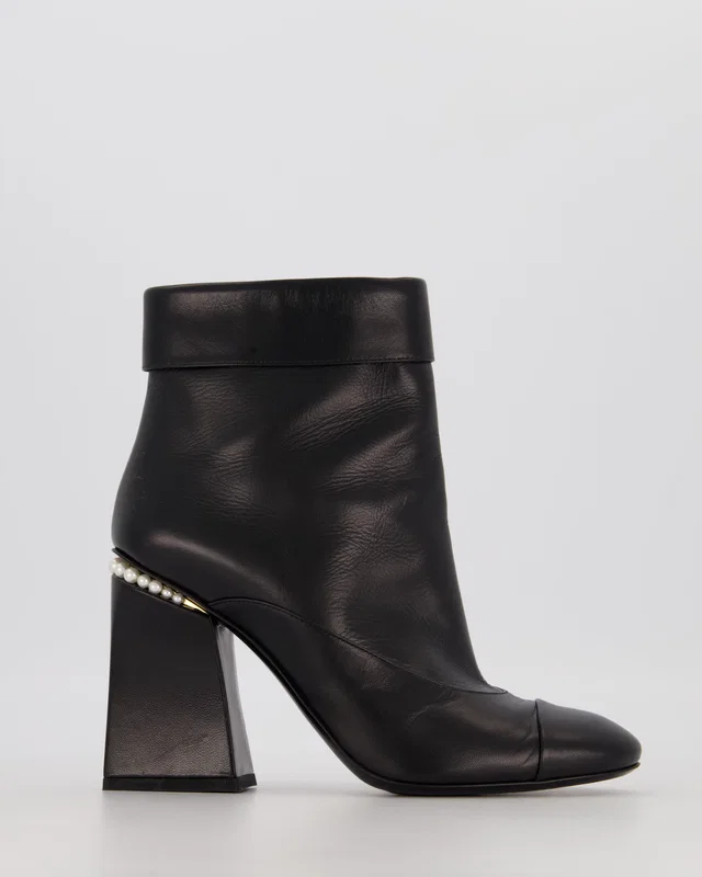 Chanel Black Leather Ankle Block Heel Boots with Pearl Detail and CC Logo Size EU 39 in Black Leather from Sellier