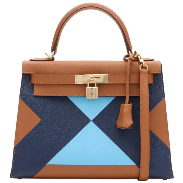 Hermès 2019 Kellygraphie 28 Gold/Bleu Indigo/Celeste in Blue Epsom leather from VINTAGE QOO TOKYO