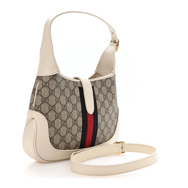 Gucci GG Supreme Monogram Azalea Calfskin Web Small Jackie 1961 Hobo Beige Ebony Mystic White in White Calfskin from FASHIONPHILE, photo 3 of 10
