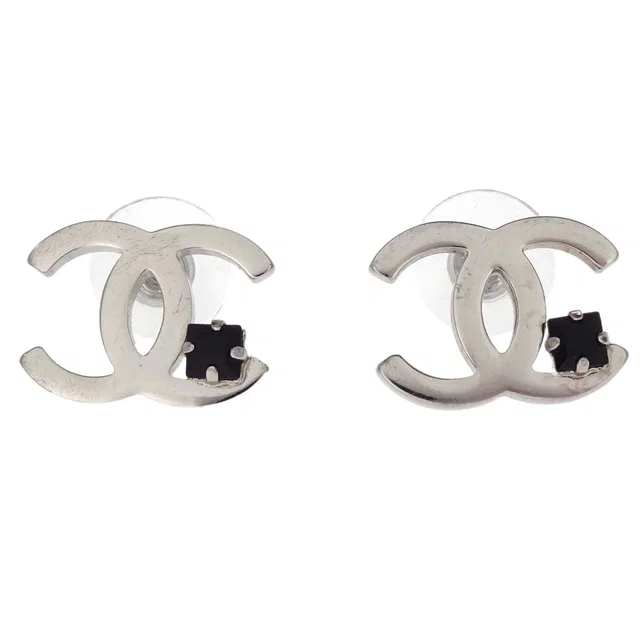 Chanel CC Pierced Earrings Silver Rhinestone 05P in Silver from AMORE Vintage Tokyo