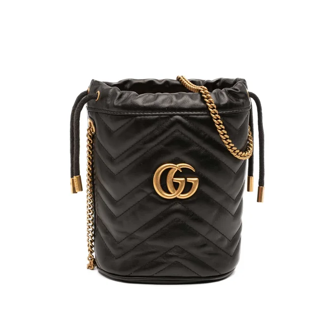 Black Gucci Small GG Marmont Matelasse Calfskin Bucket Bag in Black Calfskin from Designer Revival