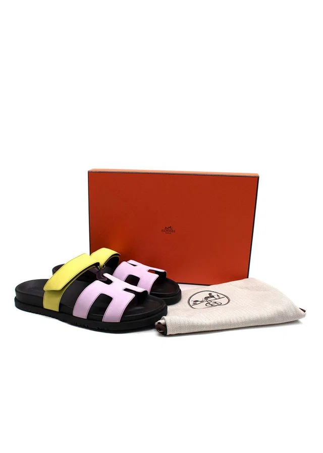 Hermès Chypre Sandals in Violet Petale and Vert Lime in Green Satin from HEWI