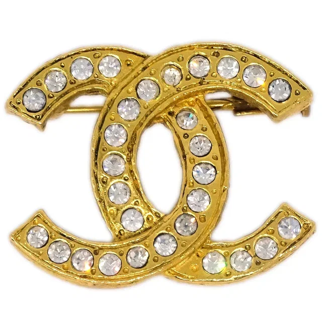 Chanel CC Brooch Pin Gold Rhinestone in Gold from AMORE Vintage Tokyo
