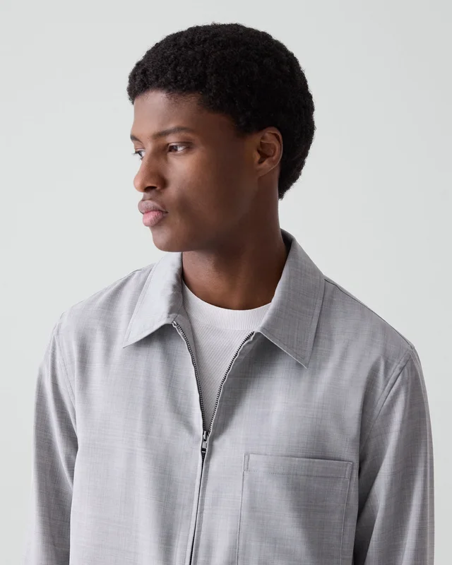 Theory Zip Overshirt in Motion Wool in VAPOR MELANGE 54% Virgin Wool, 25% Recycled Polyester, 20% Polyester, 1% Spandex, photo 4 of 12 from Theory