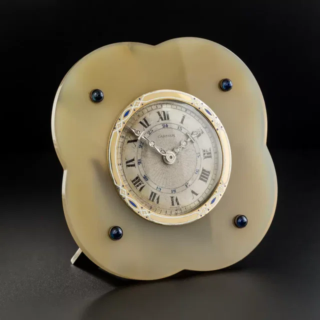 Cartier Art Deco Agate Table Clock in Canvas from Lang Antiques