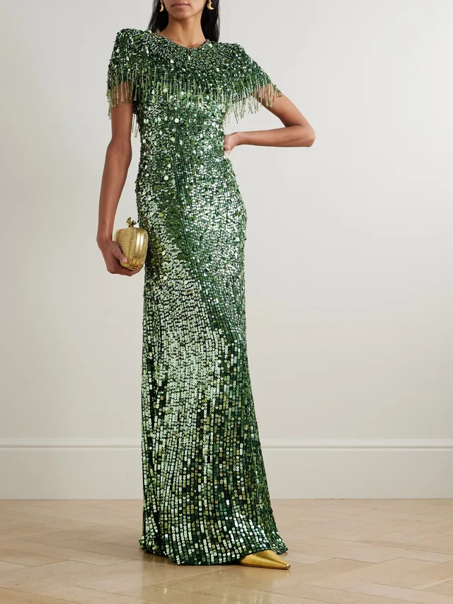 JENNY PACKHAM Eugenie fringed cape-effect embellished satin gown in Green, photo 2 of 2 from NET-A-PORTER (Canada)