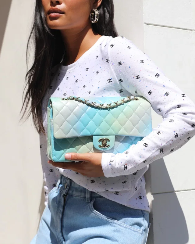 Chanel Blue, Green and Purple Iridescent Ombre Classic Medium Double Flap Bag in Blue Lambskin from Sellier
