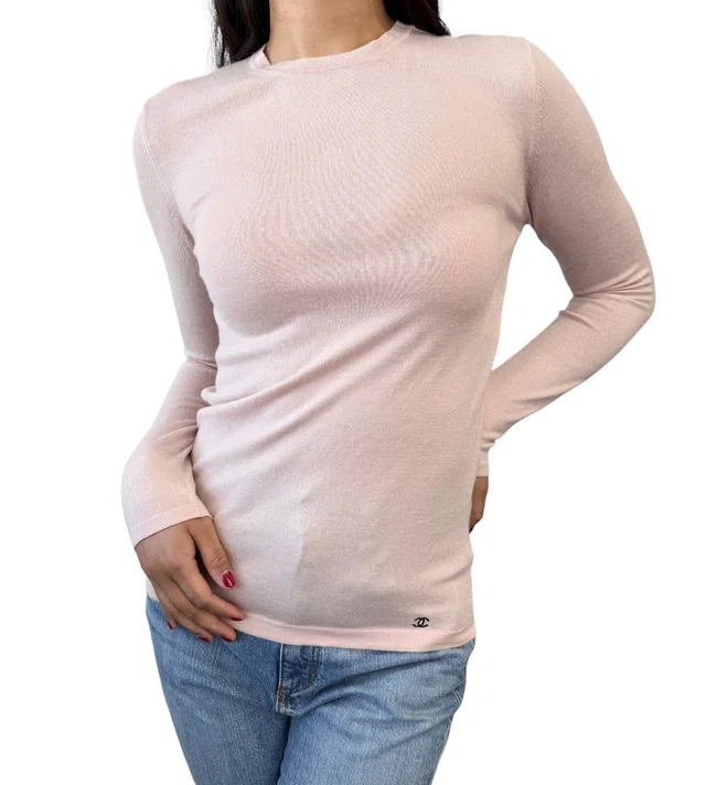 Chanel Vintage 02A CC Logo Sweater Top #42 Knit Pullover Pink Black Wool RankB in Black Wool from Luxury Promise