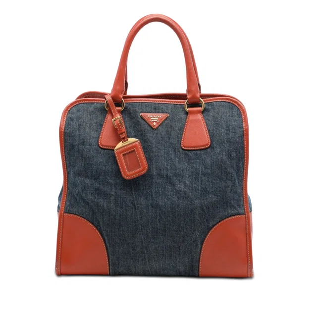 Brown Prada Saffiano Trimmed Denim Open Convertible Tote Satchel in Brown Saffiano leather from Designer Revival