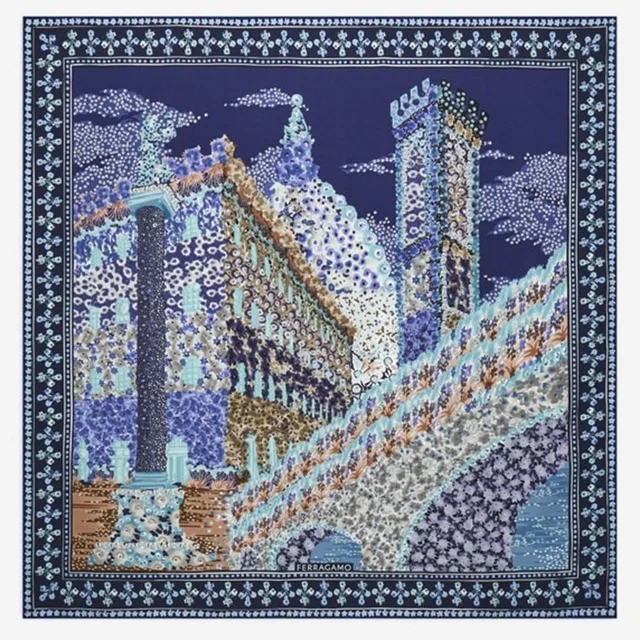Ferragamo Palazzo Print Silk Scarf — Navy Scarfs in Navy Silk from HEWI