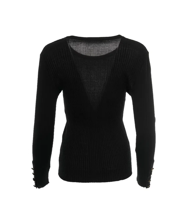 Chanel Black Ribbed Knit CC Long Sleeve Sweater in Black Wool from Luxury Promise